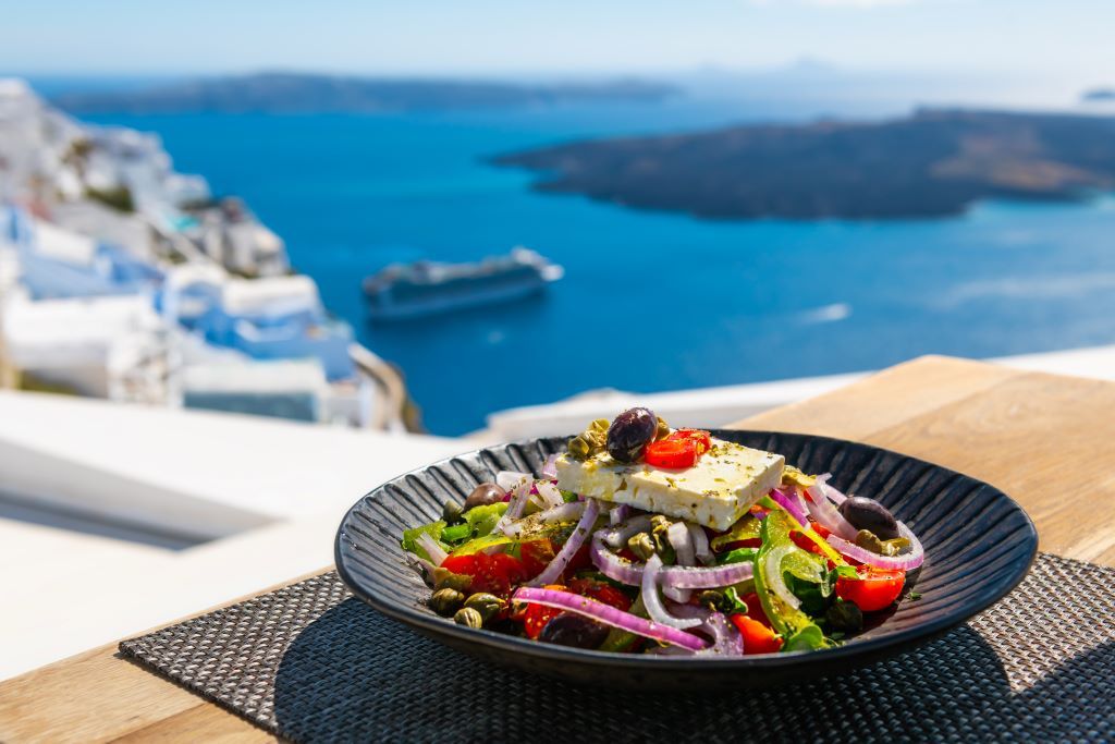 Greek salad with a sea view